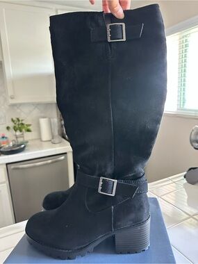 Black Suede Mid-Calf Buckle Boots